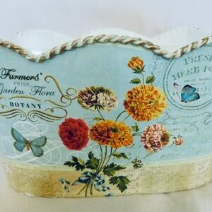 French Shabby Chic Style Metal Planter with Liner, Blue, Floral & Butterflies